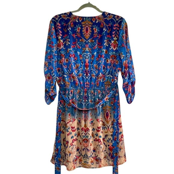 NWOT DR2 Blue Floral Tab Sleeve Tie Waist Midi Dress Lined Bohemian Size Medium - Picture 4 of 15